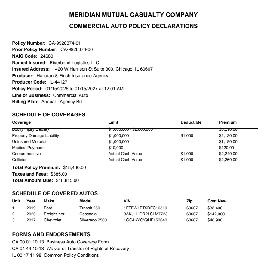 Synthetic test document: commercial auto declarations page