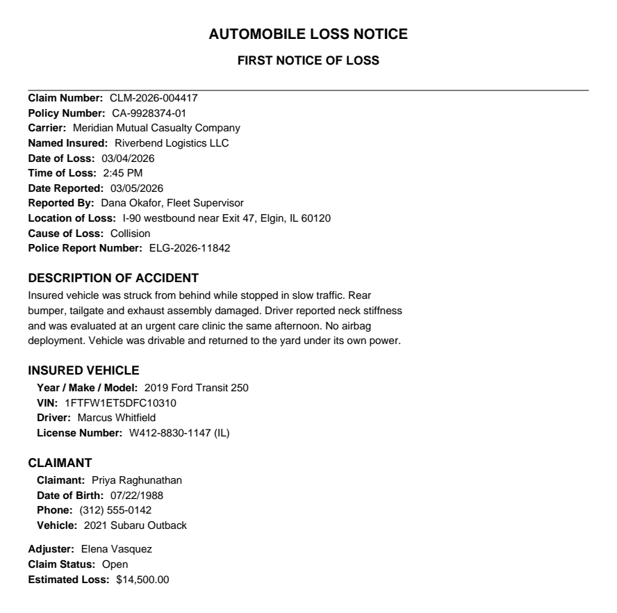 Synthetic test document: auto first notice of loss