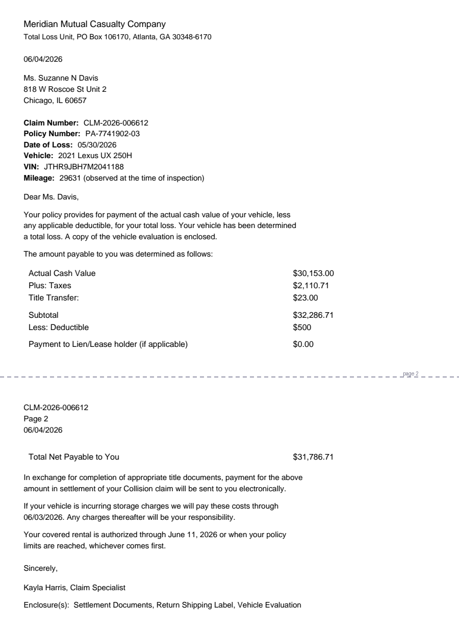 Synthetic test document: two-page total loss settlement letter